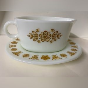 Vintage Pyrex Butterfly Gold gravy boat and underplate saucer